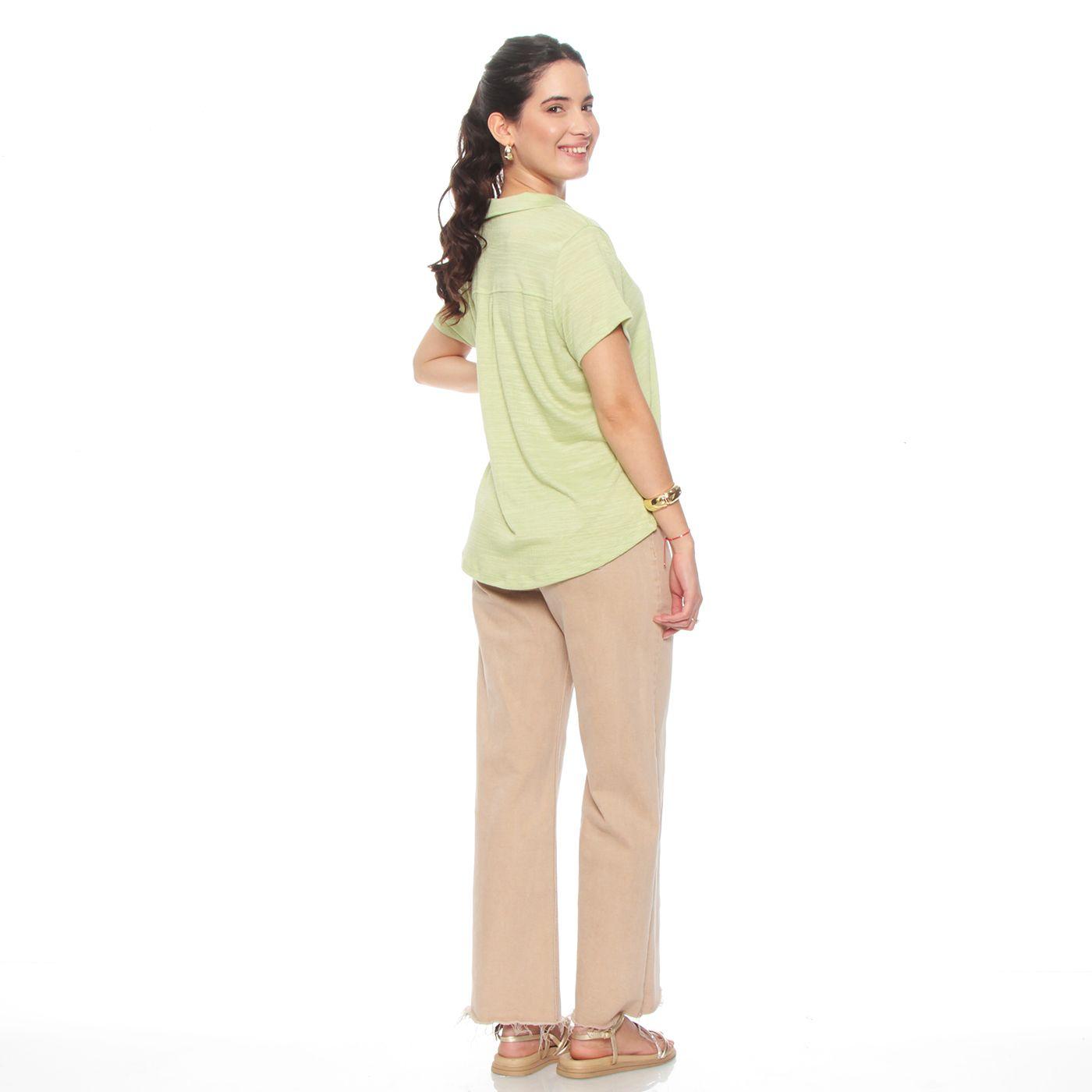 Blusa Manga Corta Solida Escote V Abotonada En Delantero-6