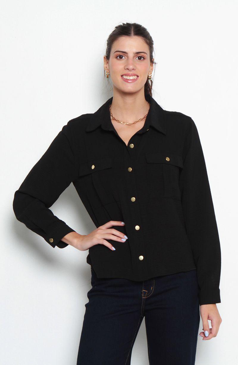 Blusa Manga Larga Abotonada En Delantero Con Bolsillos-0
