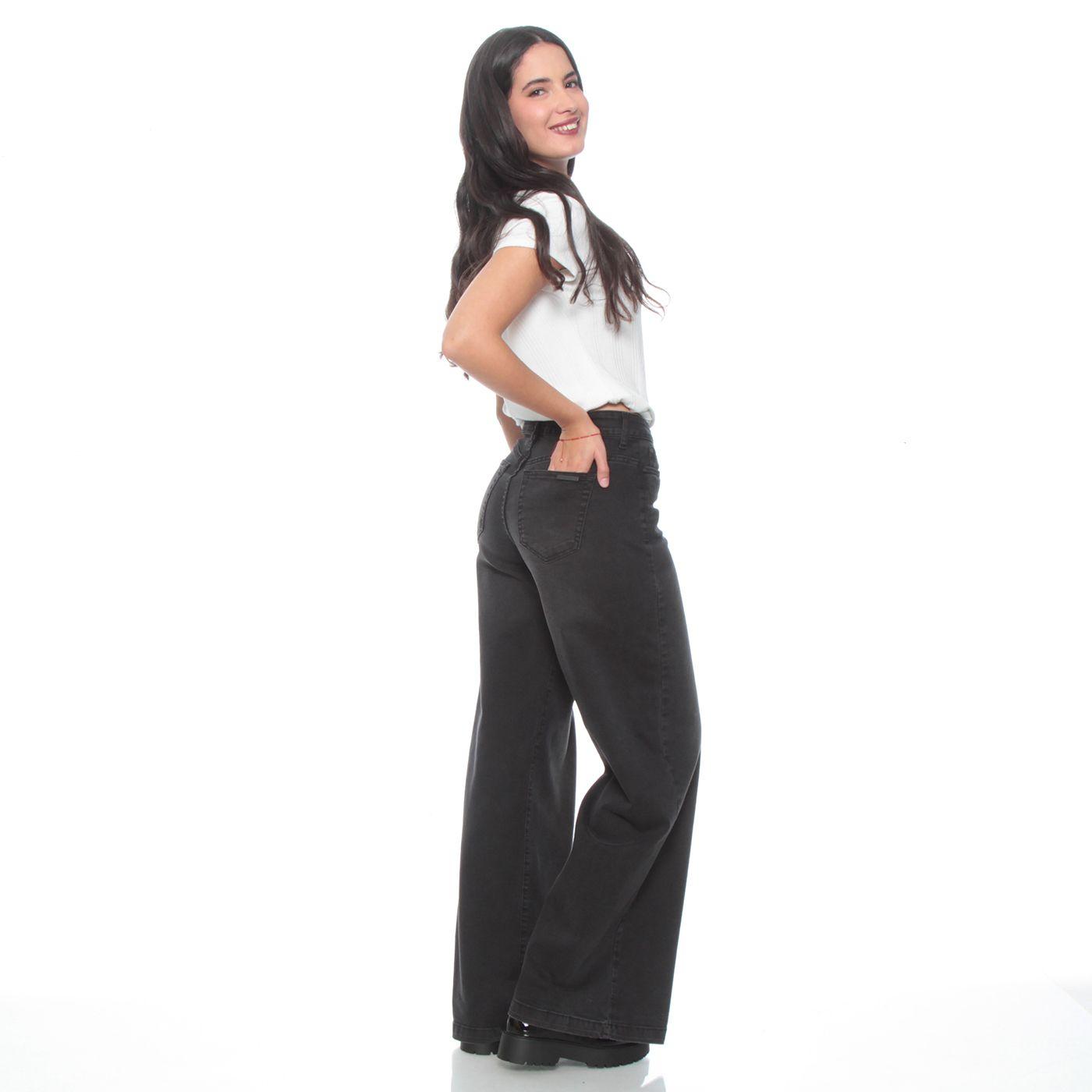 Jeans Wide Leg Pretina Basica Un Boton Tiro Alto-6