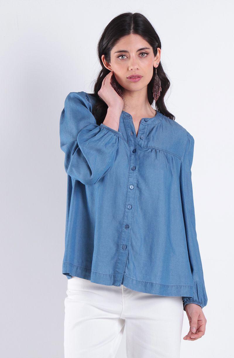 Blusa Manga Larga Lyocell Escote Redondo Abotonda En Delantero-0