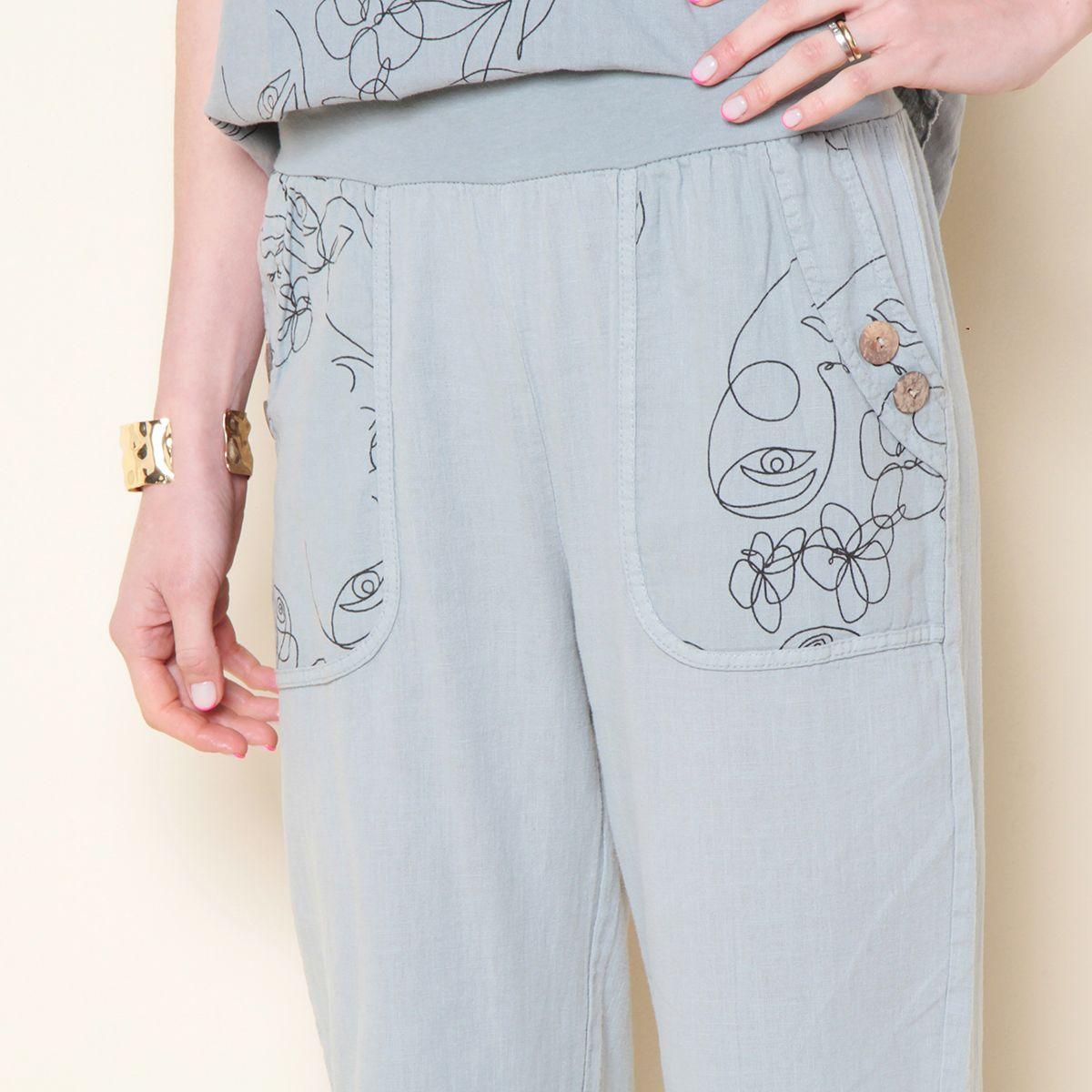 Pantalon Lino Solido Con Bolsillos Estampado Pretina Con Elastico-1