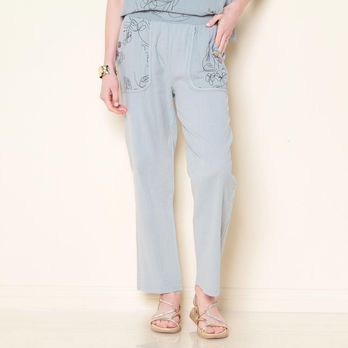 Pantalon Lino Solido Con Bolsillos Estampado Pretina Con Elastico-0