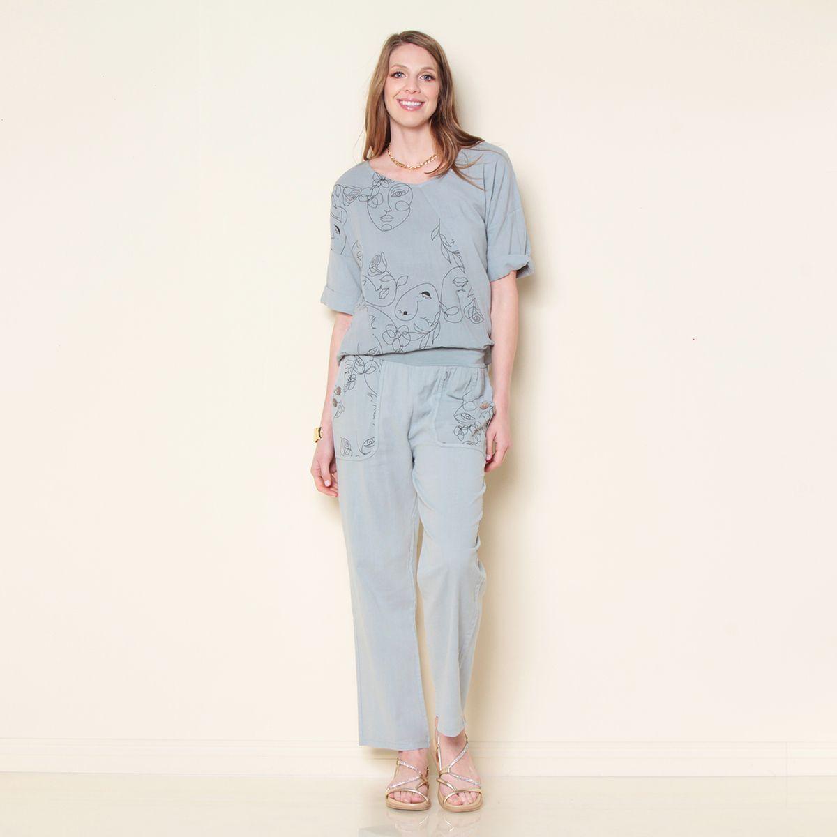 Pantalon Lino Solido Con Bolsillos Estampado Pretina Con Elastico-3