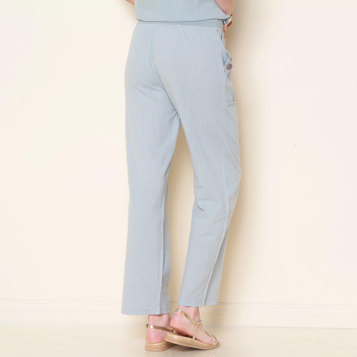 Pantalon Lino Solido Con Bolsillos Estampado Pretina Con Elastico-4