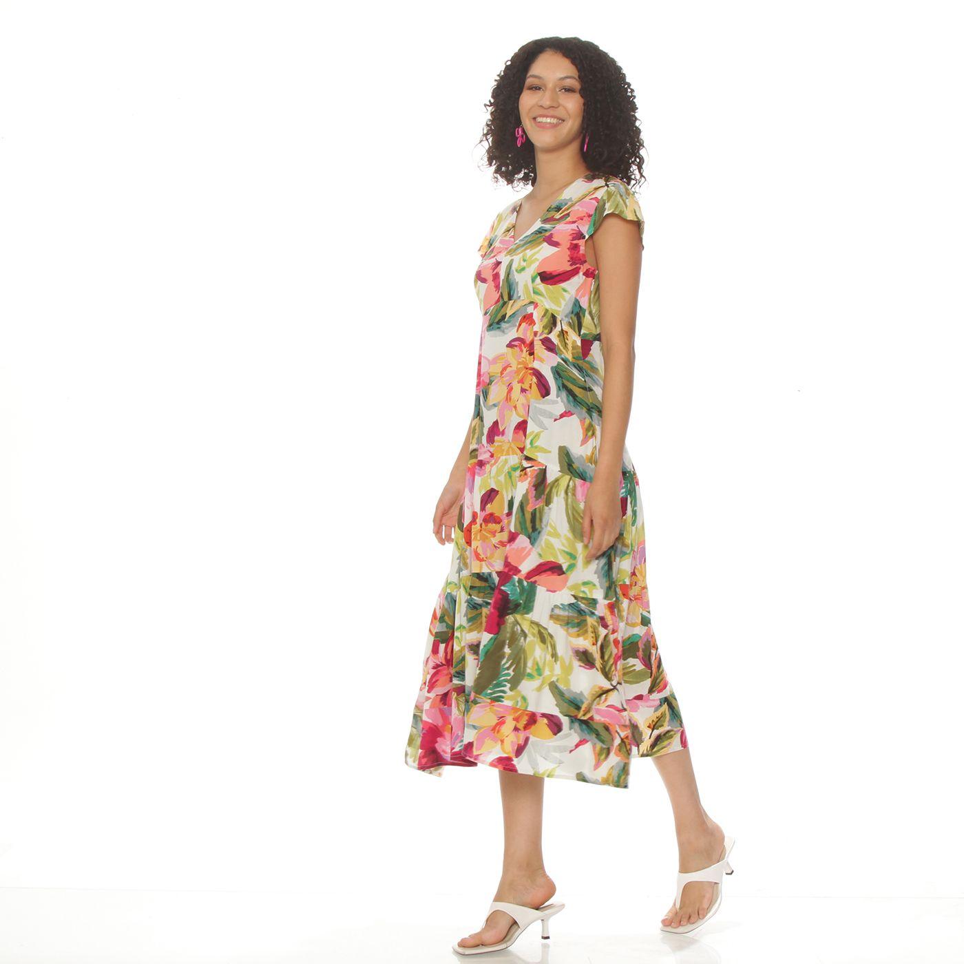 Vestido Manga Corta Estamapada Escote V Concorte  En Cintura-3