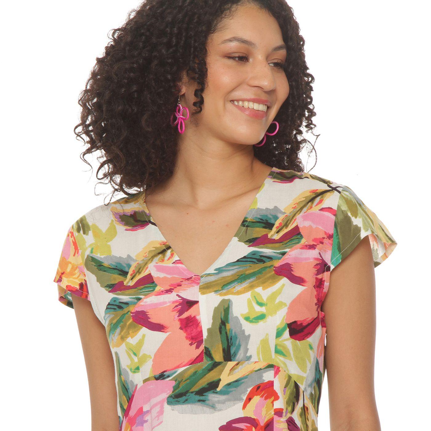 Vestido Manga Corta Estamapada Escote V Concorte  En Cintura-4