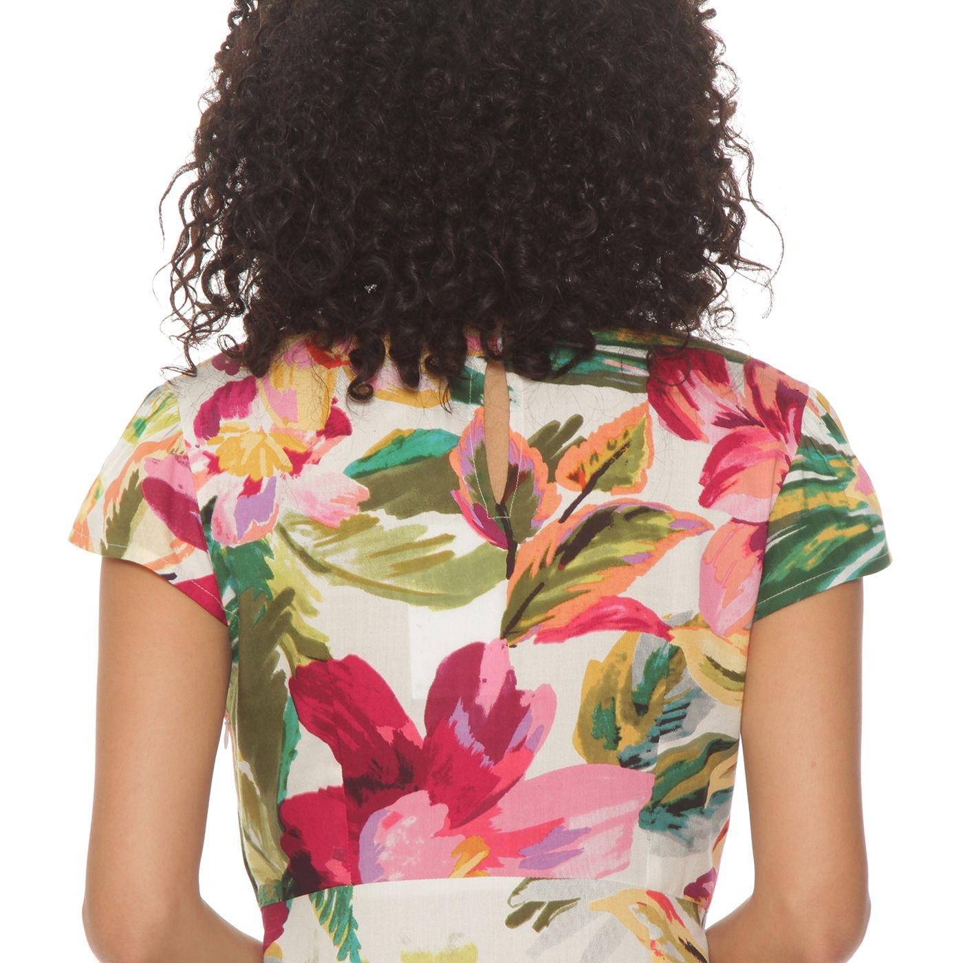 Vestido Manga Corta Estamapada Escote V Concorte  En Cintura-5