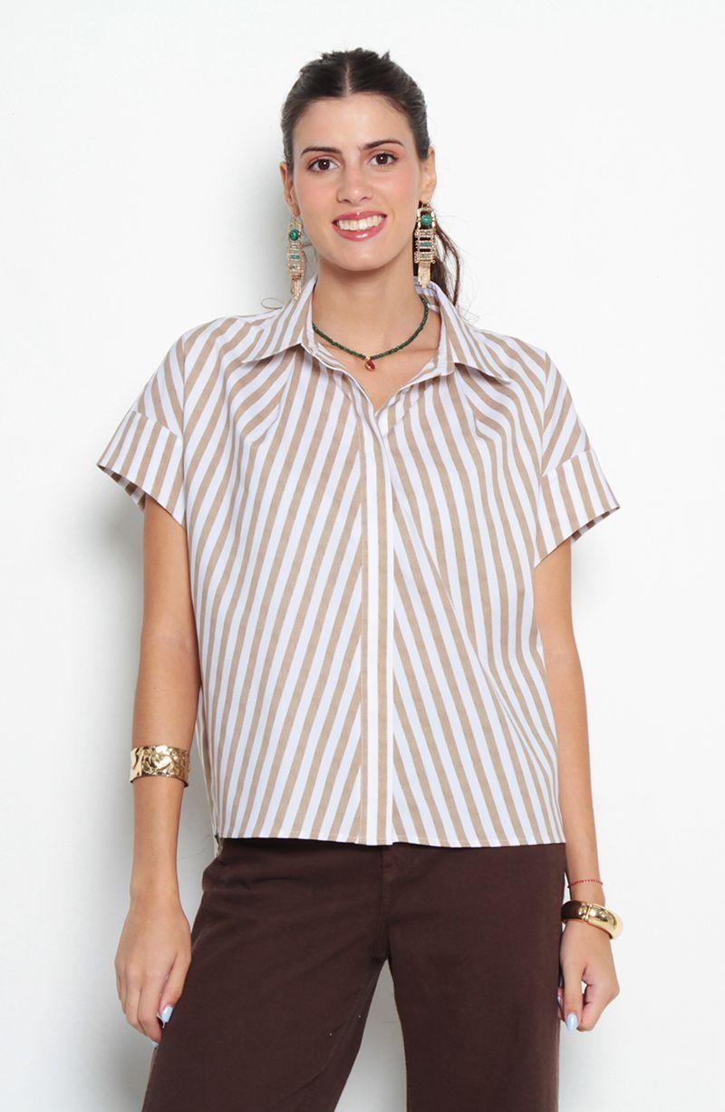Blusa Listada Manga Corta Abotonada En Delantero-0