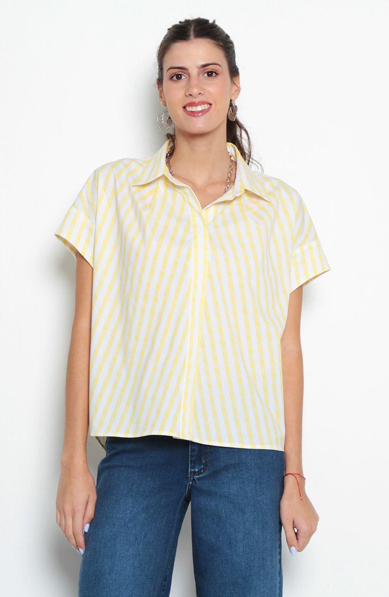 Blusa Listada Manga Corta Abotonada En Delantero-0
