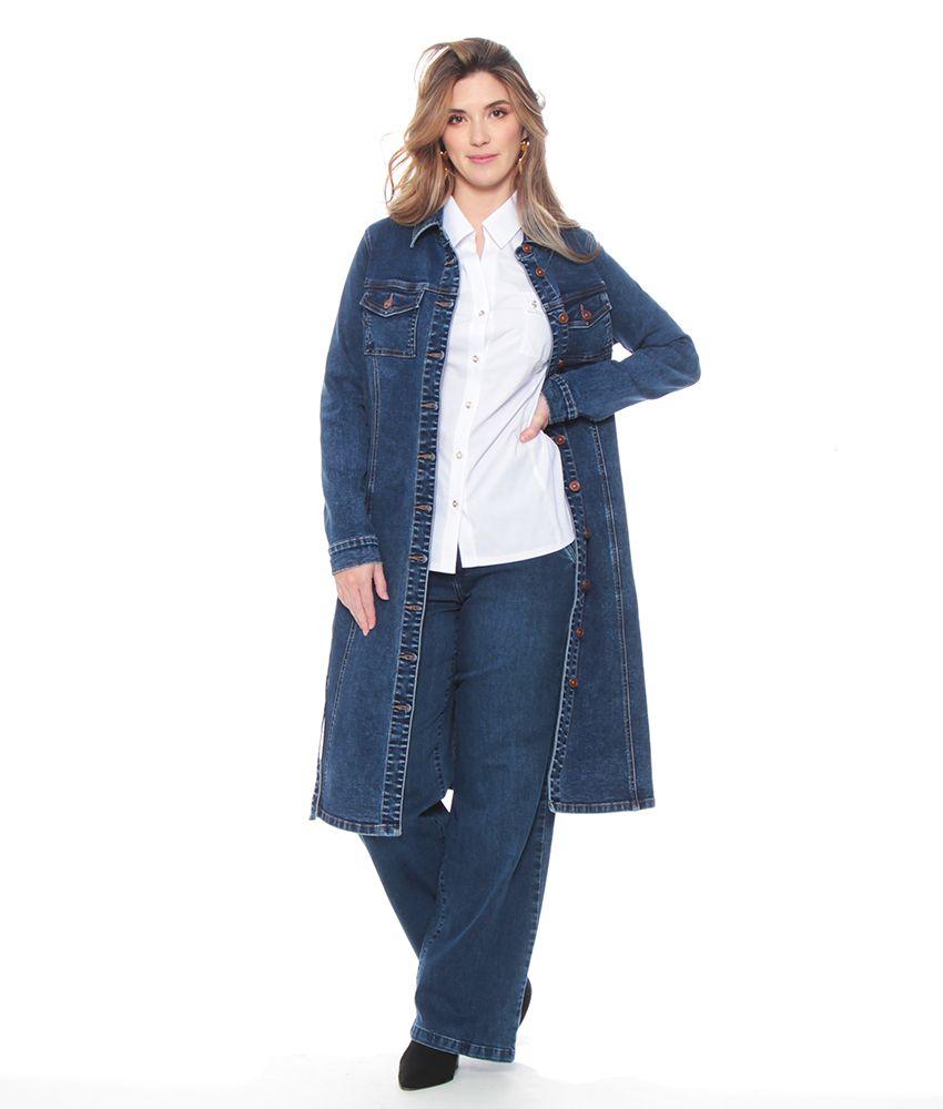 Chaqueta Denim Larga Manga Larga Abotonada En Delantero Y Bolsillos-3