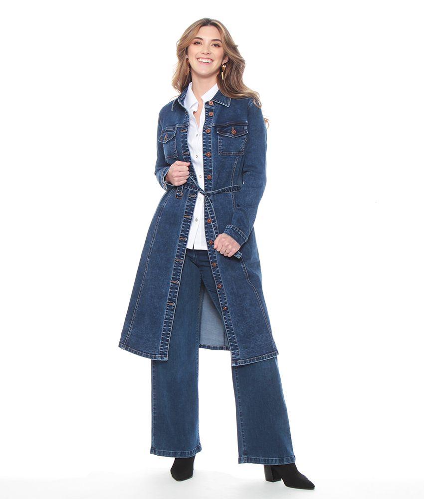 Chaqueta Denim Larga Manga Larga Abotonada En Delantero Y Bolsillos-5