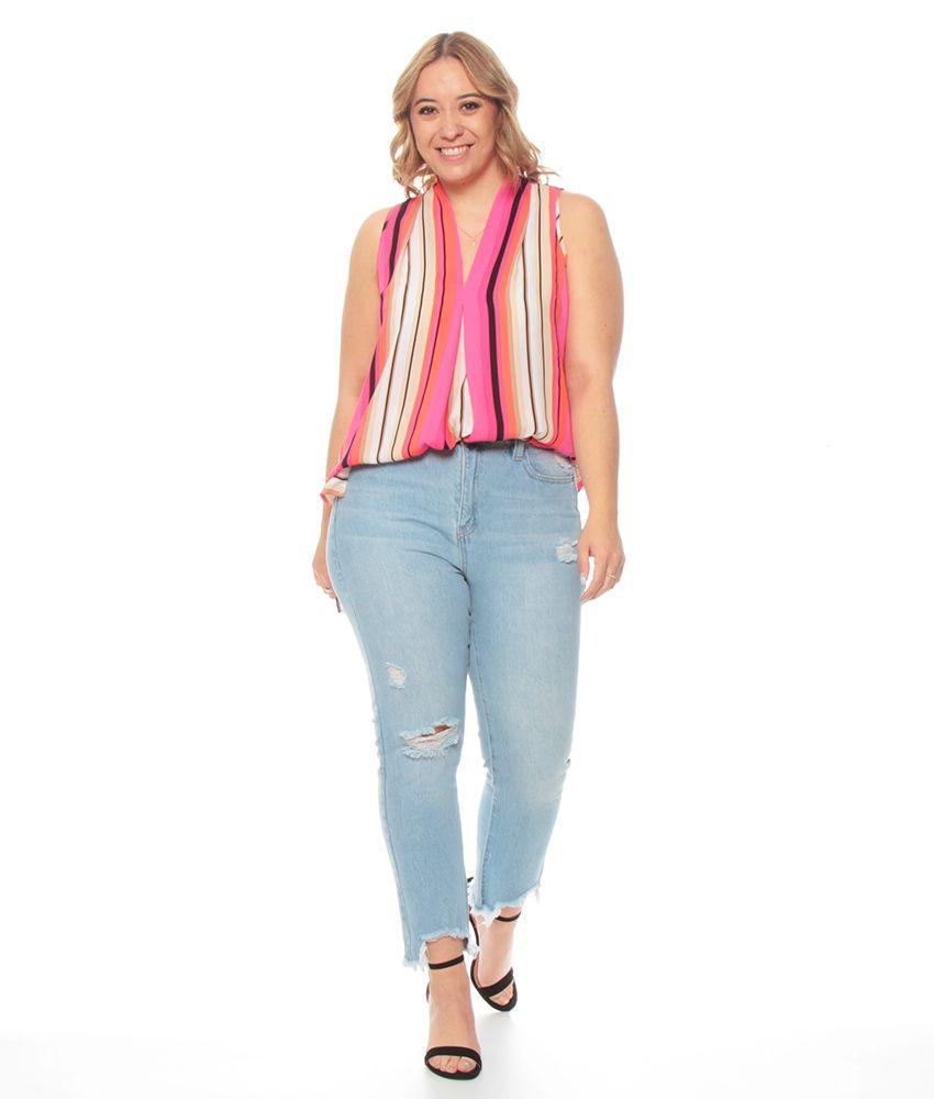 Blusa Sin Manga Estampada Escote V Detalle Delantero-4