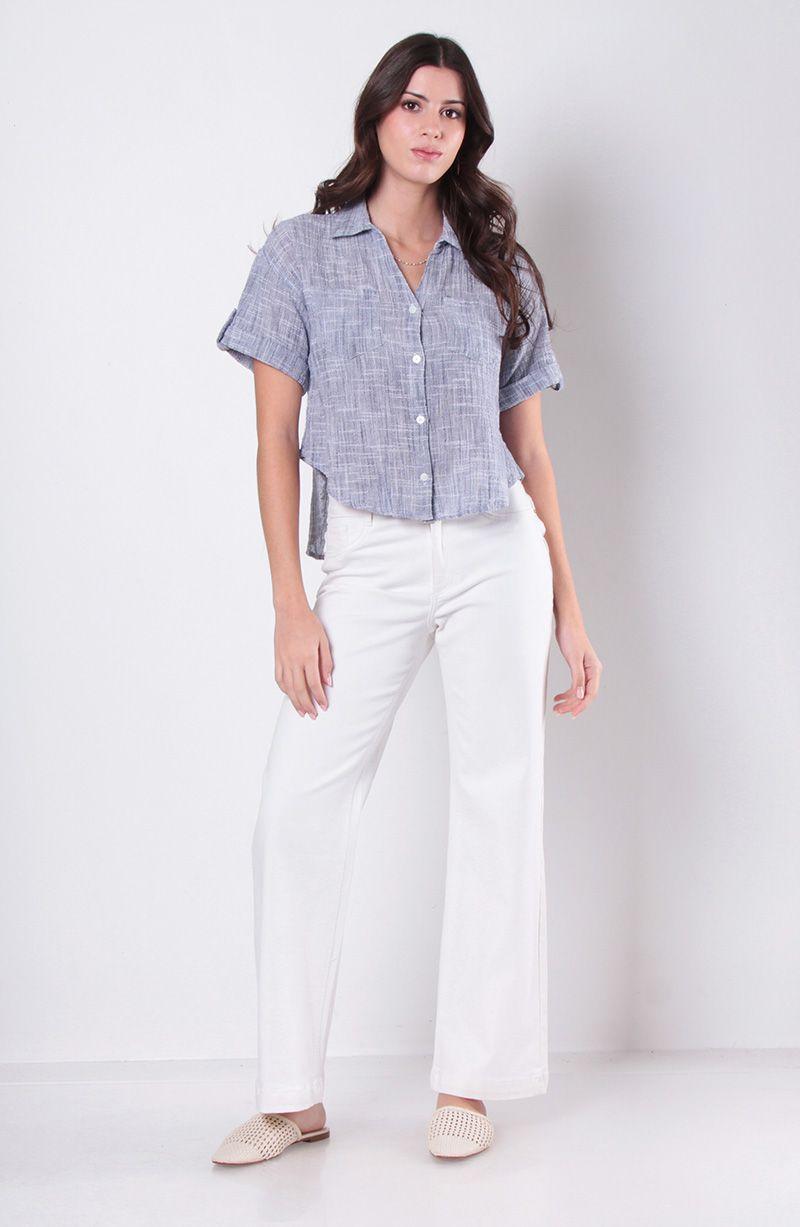 Blusa Manga Corta Abotonada  En  Delantero Con Bolsillo-5