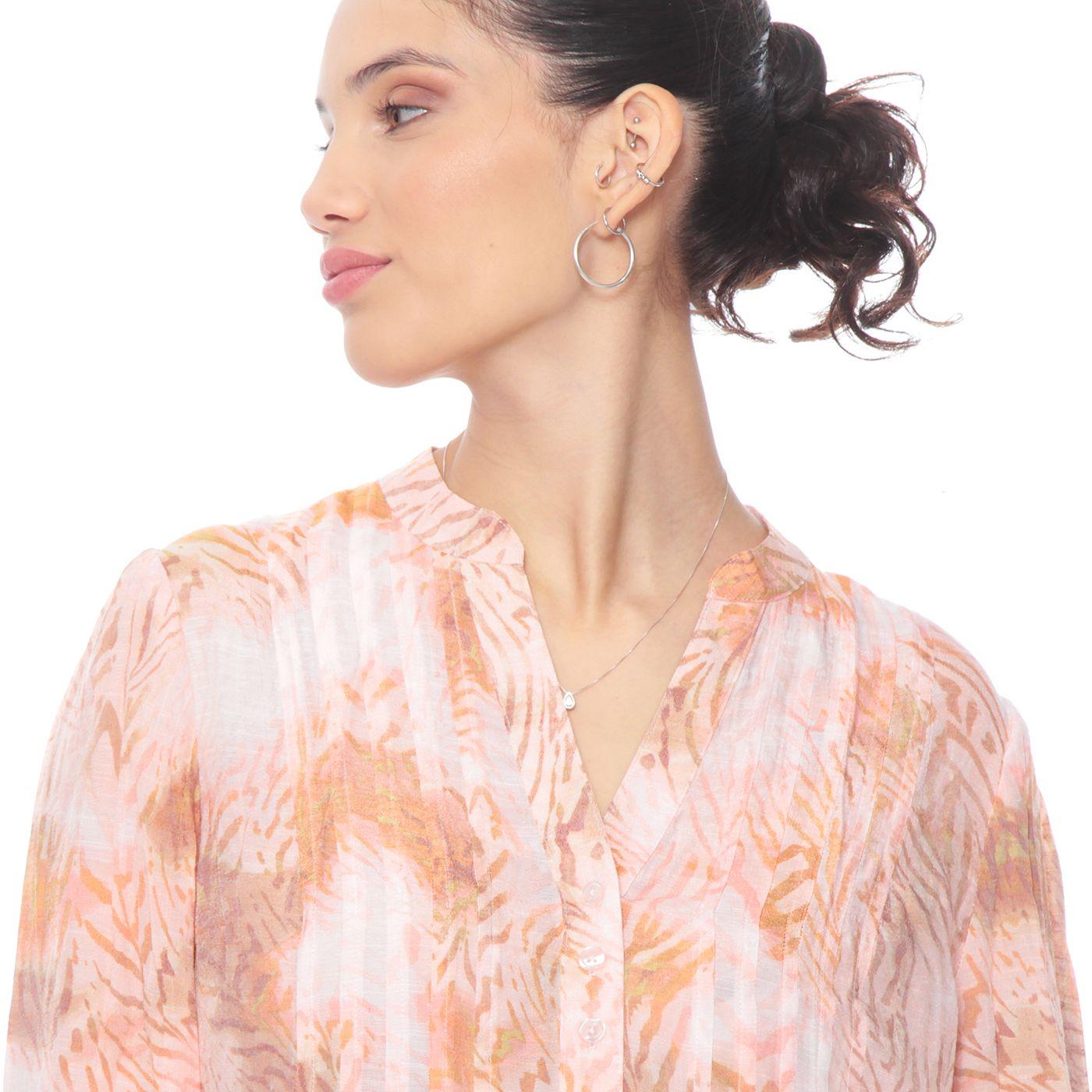 Blusa Manga Larga  Estampada Escote V Abotonada  En Delantero-2