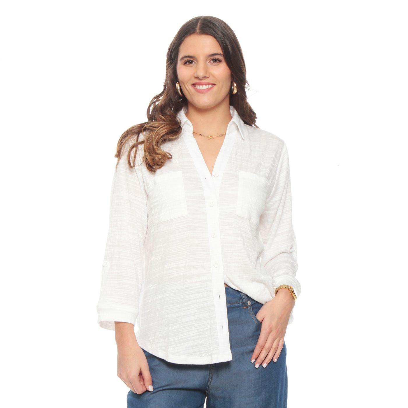 Blusa Manga Larga Solido Escote V Abotonada En Delantero-3