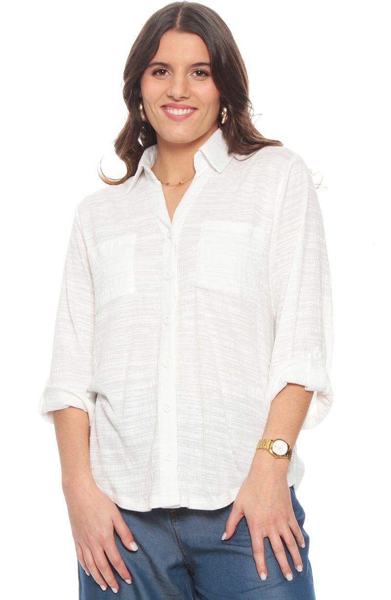 Blusa Manga Larga Solido Escote V Abotonada En Delantero-0