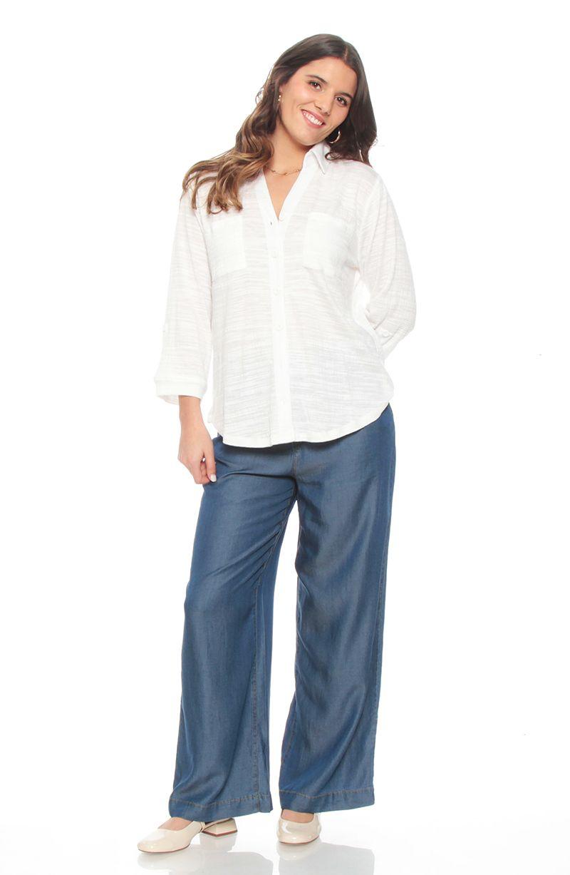Blusa Manga Larga Solido Escote V Abotonada En Delantero-5