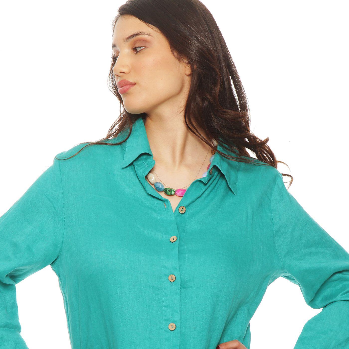 Vestido Camisero De Lino Manga Larga Abotonado  En Delantero-3