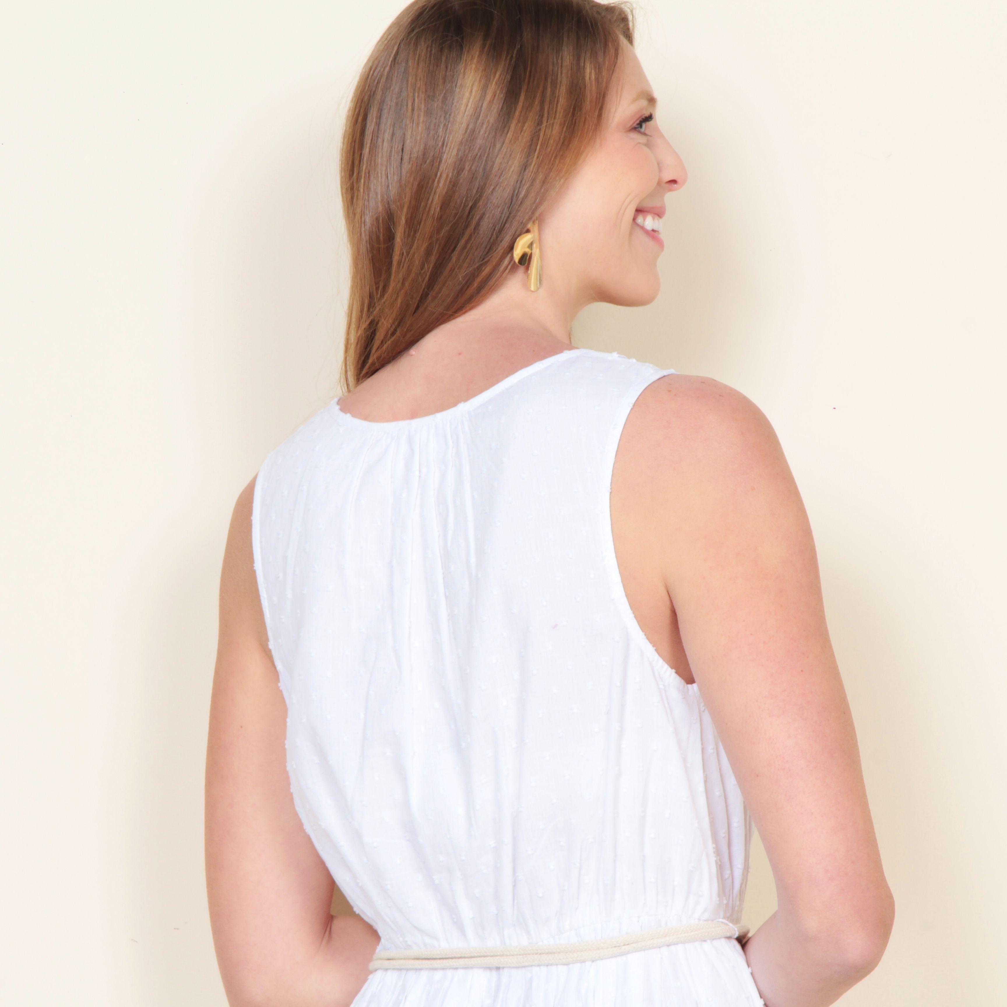 Vestido Sin Manga Solido Escote Redondo Con Lazo En Cintura-5