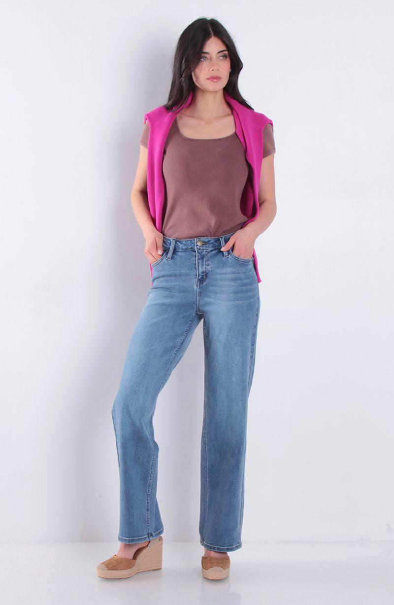 Jeans Wide Leg Tiro Alto Pretina Basica 1 Boton-5