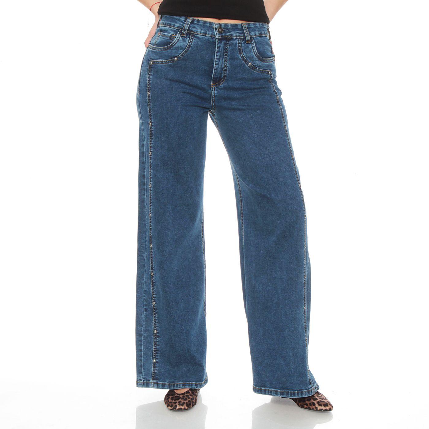 Jeans Wide Leg Costadillo Tiro Alto Pretina Basica 1 Boton Tachas-0