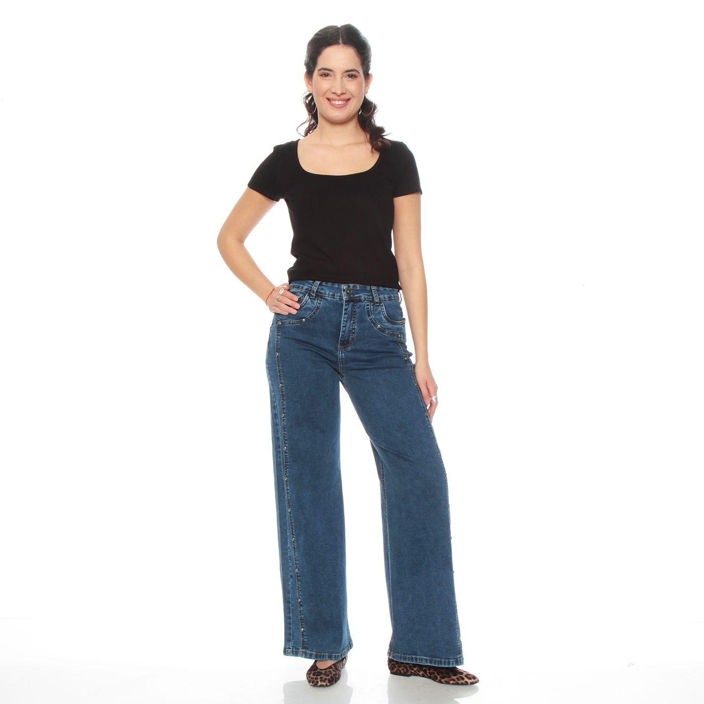 Jeans Wide Leg Costadillo Tiro Alto Pretina Basica 1 Boton Tachas-3