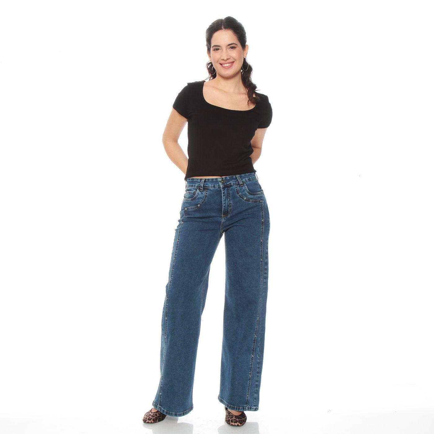 Jeans Wide Leg Costadillo Tiro Alto Pretina Basica 1 Boton Tachas-4