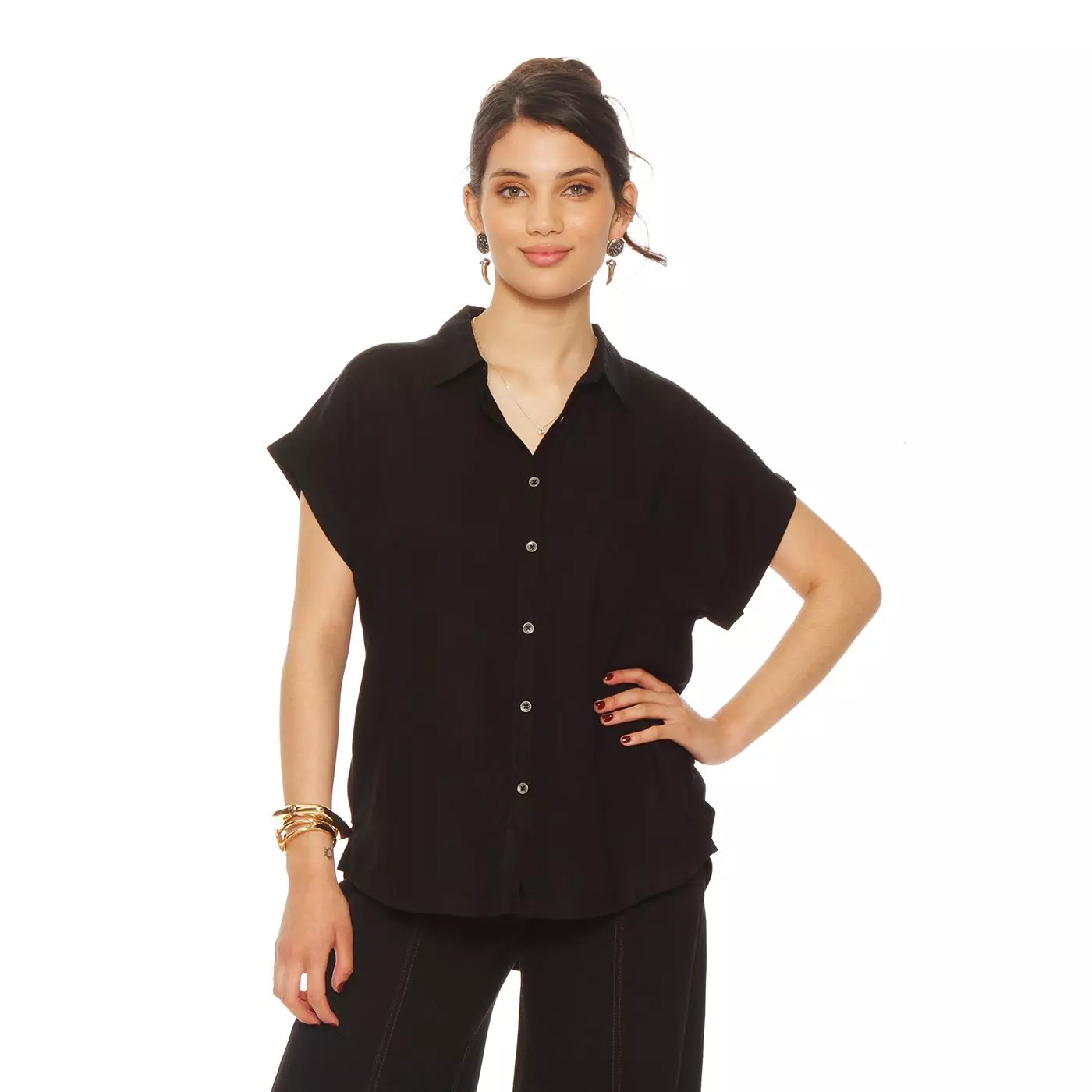Blusa Manga Corta Abotonada En Delantero Y Bolsillo-2