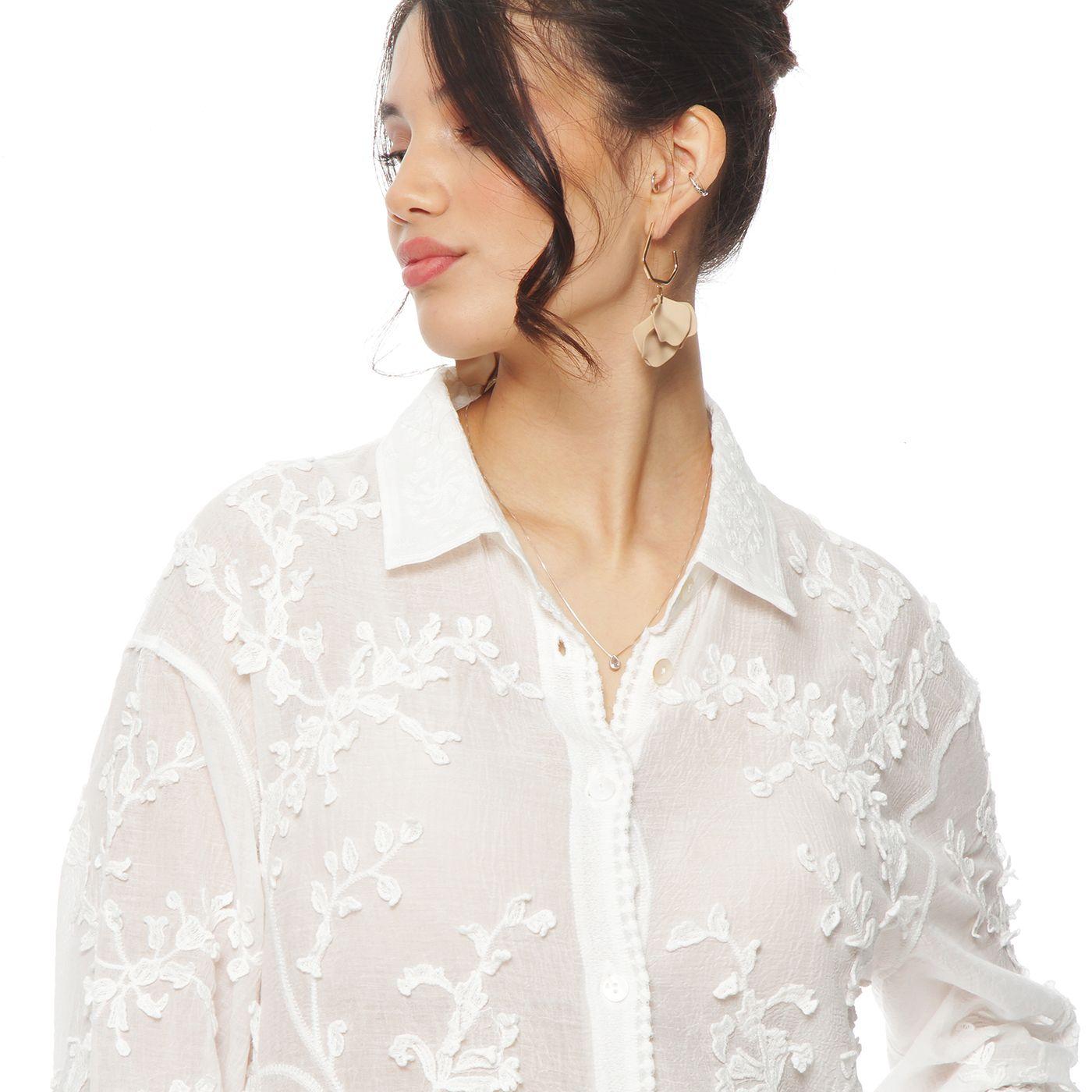 Blusa Manga  Larga Embroidery Abotonada En El Delantero-4