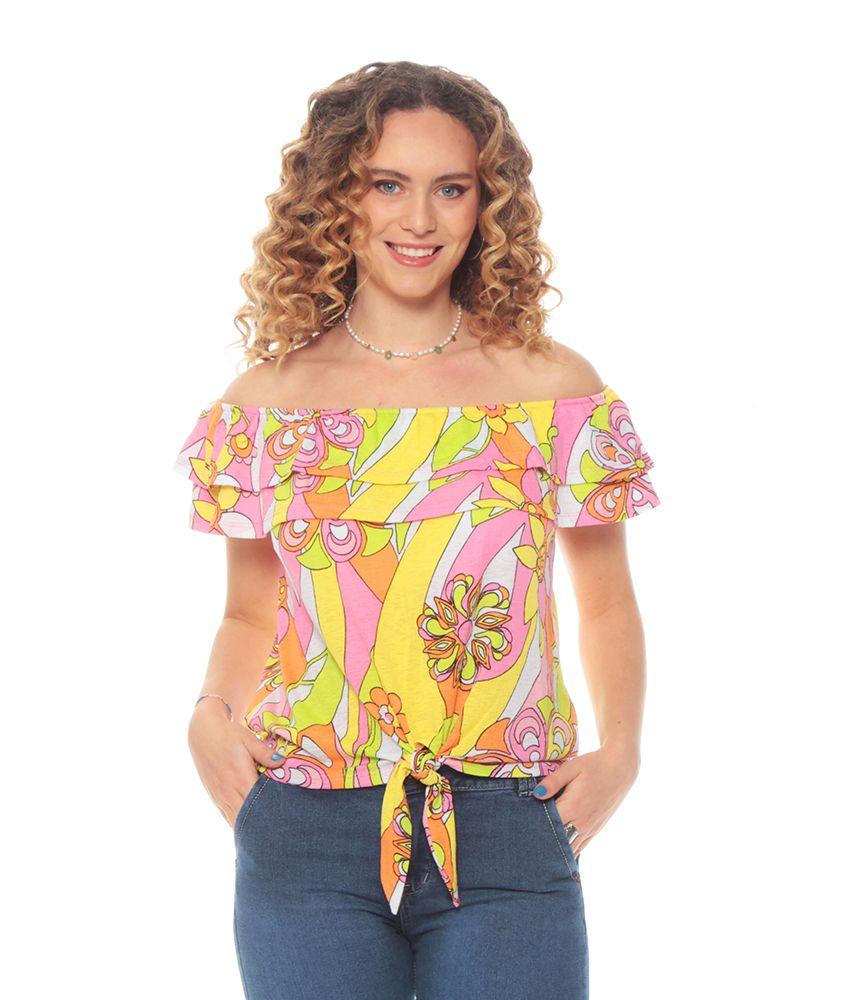 Blusa Manga Corta Estampada Escote Redondo Ruchas Amarre Cintura-0
