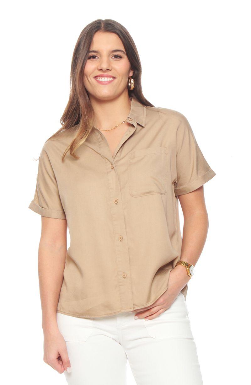 Blusa Manga Corta Lyocell Abotonada En Delantero Y Bolsillo-0
