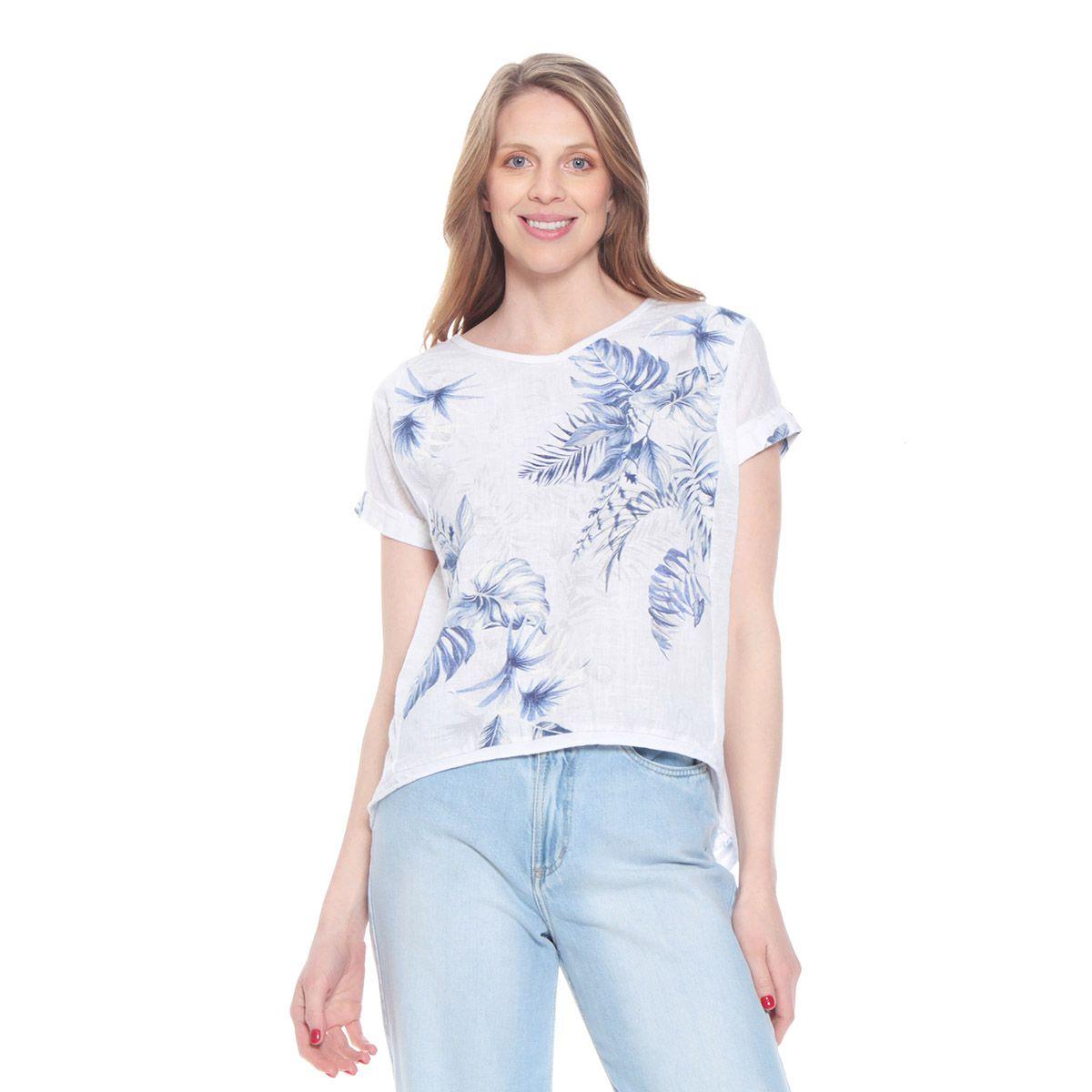 Blusa Manga Corta Lino Estampada Escote Redondo-0