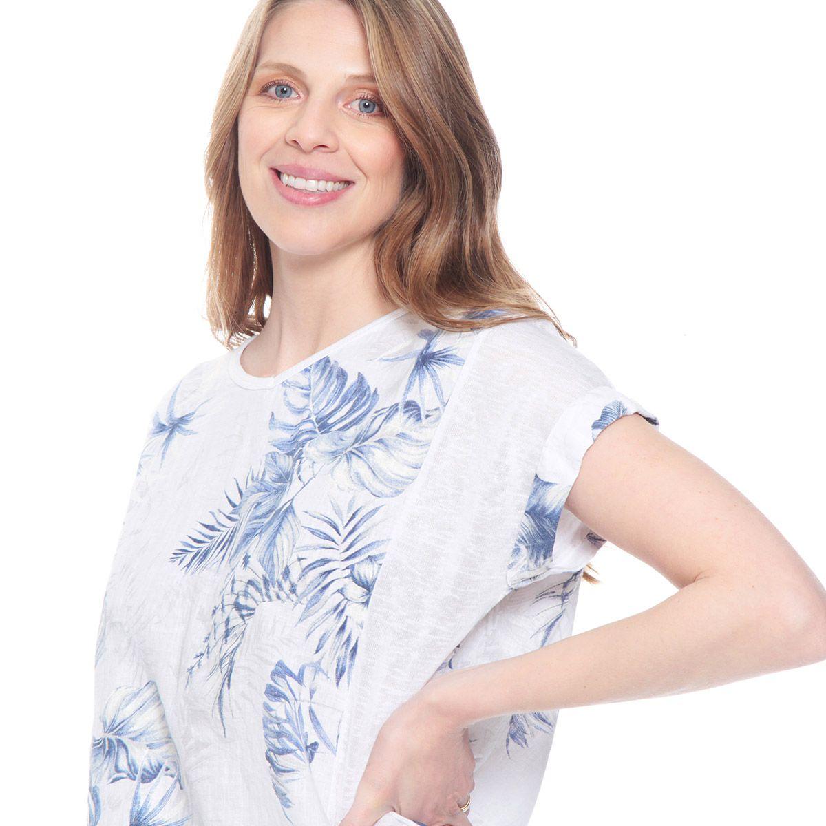 Blusa Manga Corta Lino Estampada Escote Redondo-1