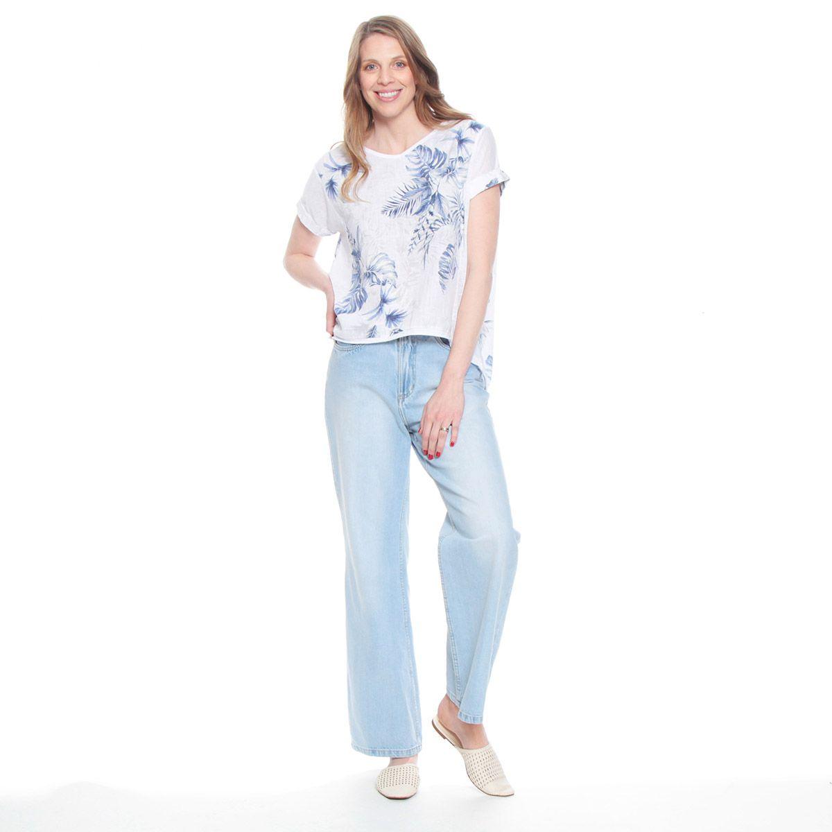 Blusa Manga Corta Lino Estampada Escote Redondo-4