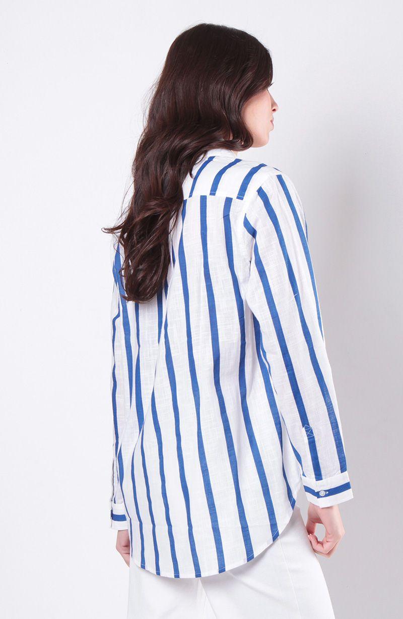 Blusa Listada Manga Larga Abotonada En Delantero-2