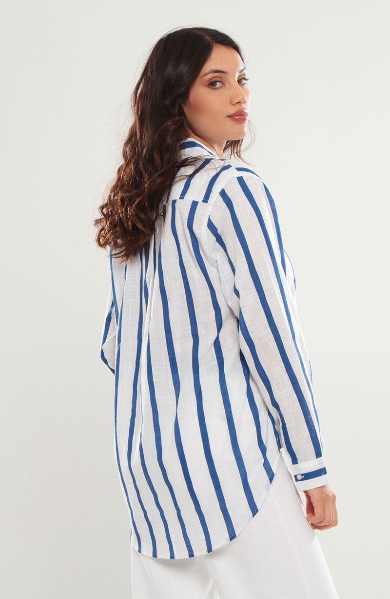 Blusa Listada Manga Larga Abotonada En Delantero-3