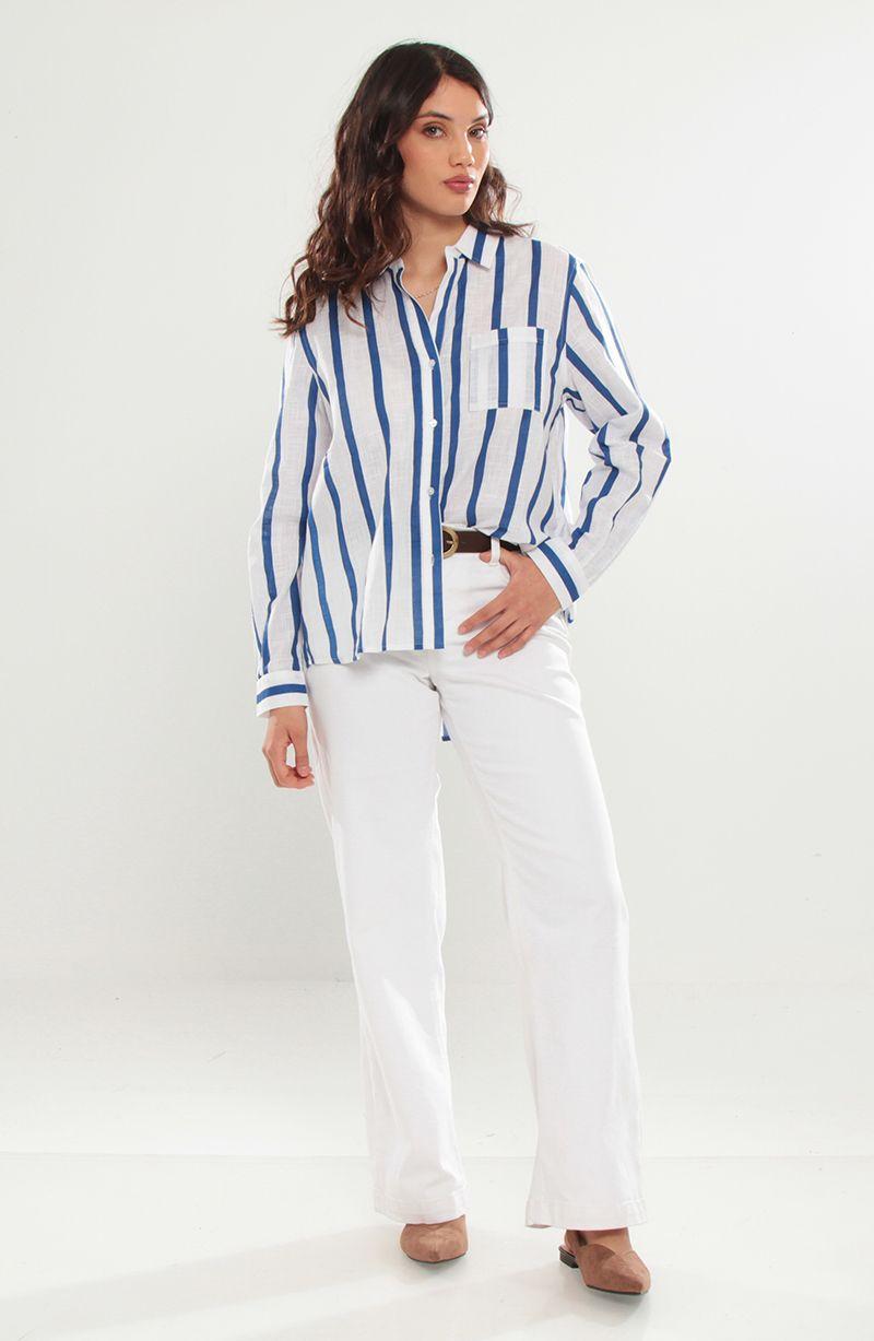 Blusa Listada Manga Larga Abotonada En Delantero-6