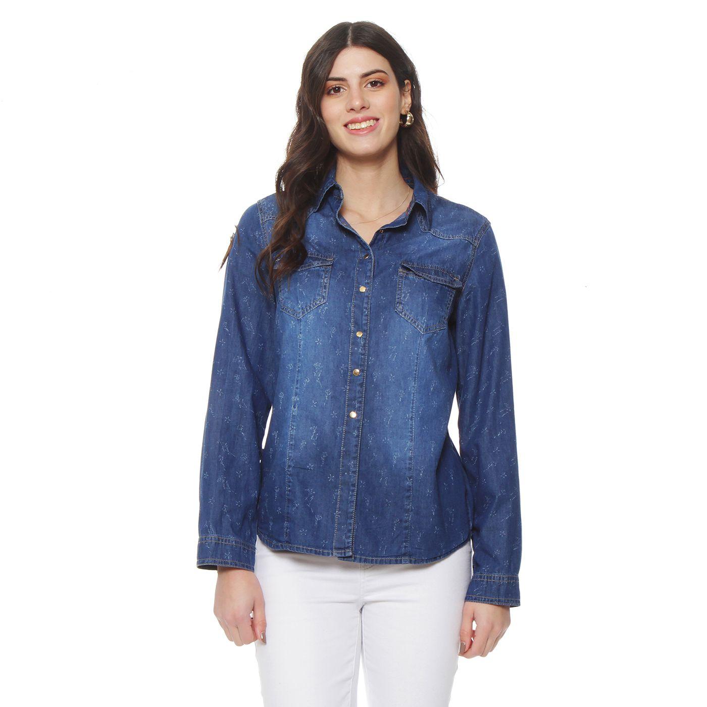 Blusa Denim Cuello Camisero Print-0