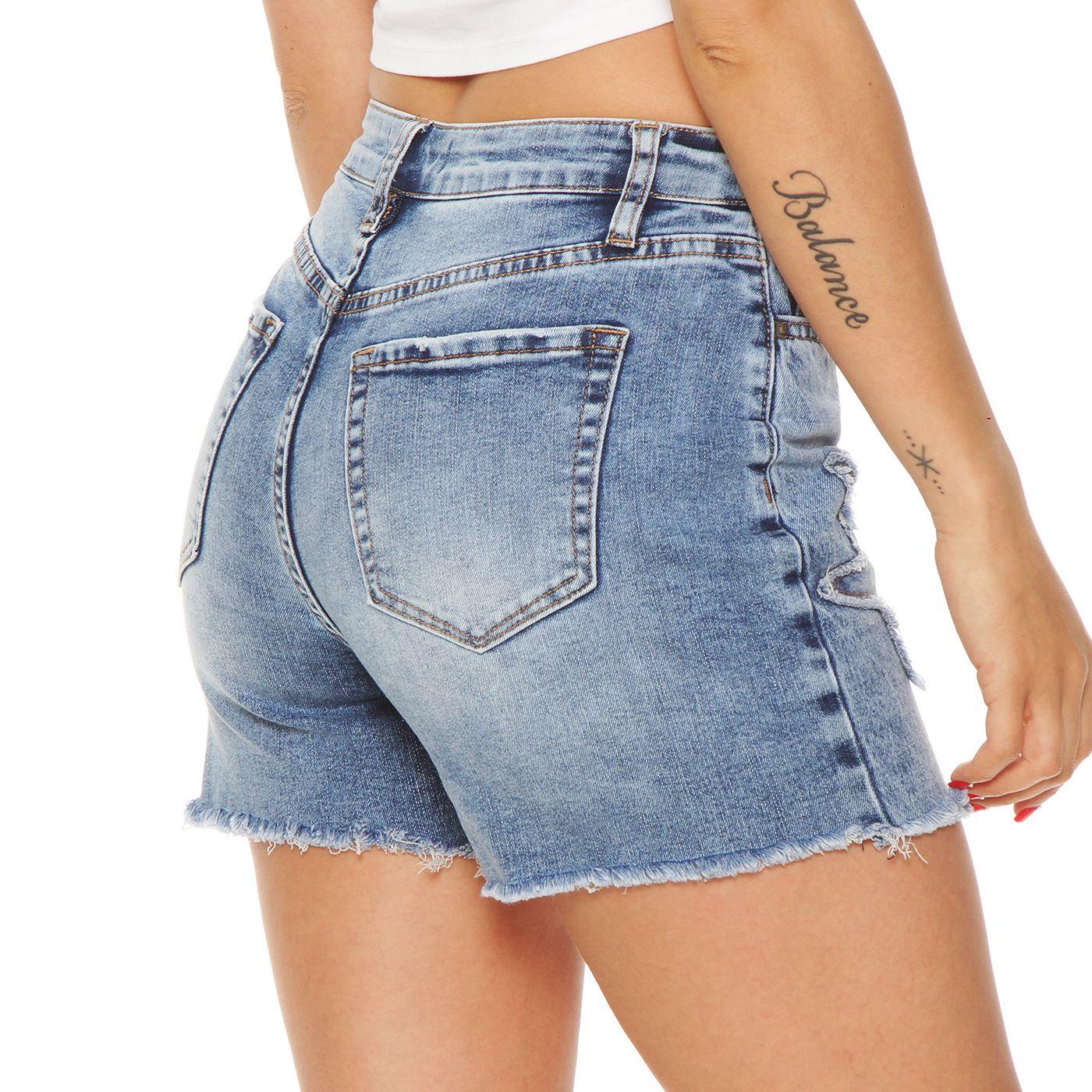 Short Denim Tiro Alto Aplicacion Estrellas Desflecadas-5