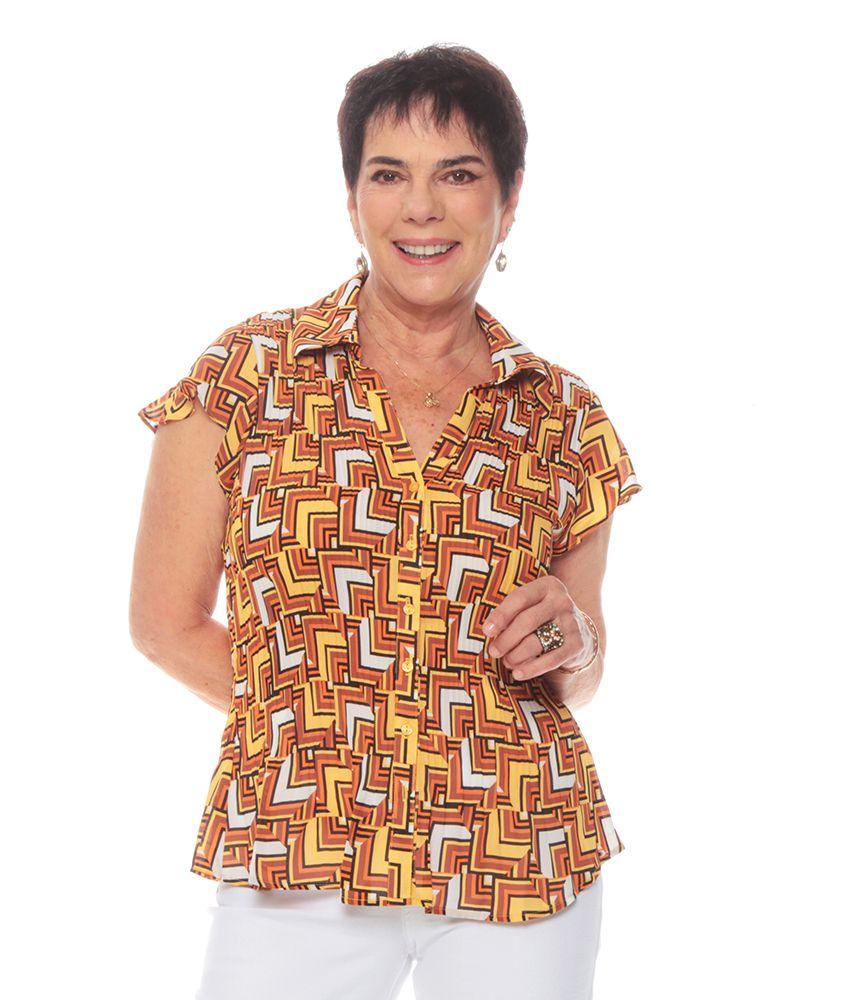 Blusa Manga Corta Estampada Acordion Cuello Camisero-0