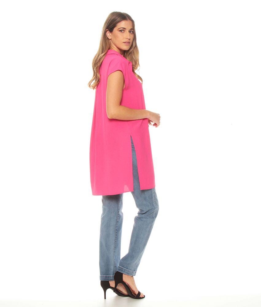 Blusa Sin Manga Solida Cuello Camisero Aberturas En Costado-6