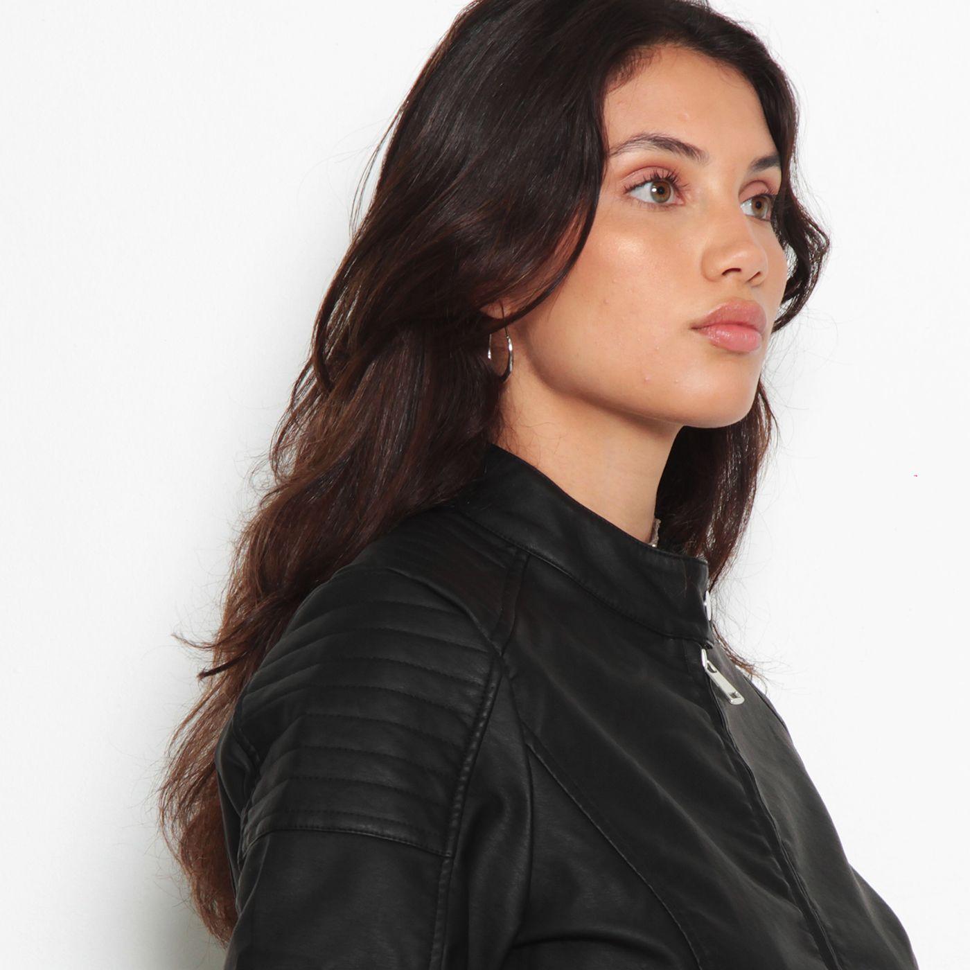 Chaqueta Manga Larga Cuero Ecologico Cuello Mao Y Cierres-2