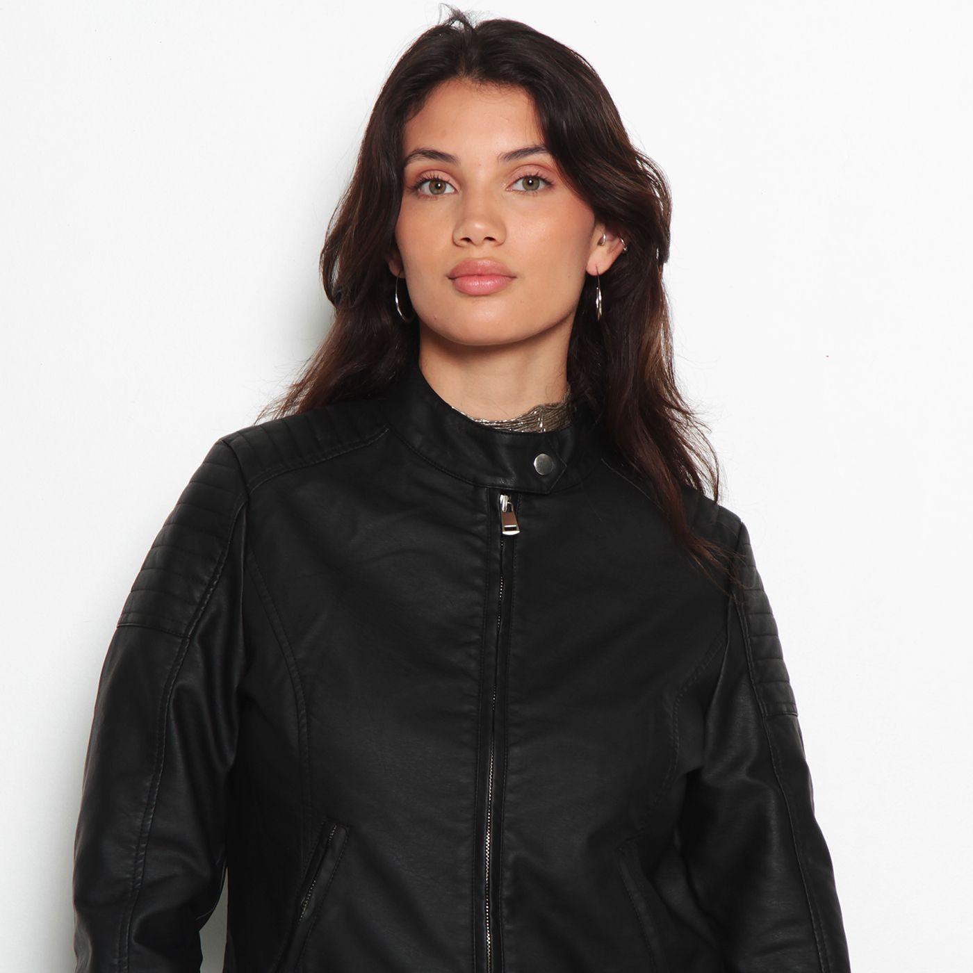 Chaqueta Manga Larga Cuero Ecologico Cuello Mao Y Cierres-6