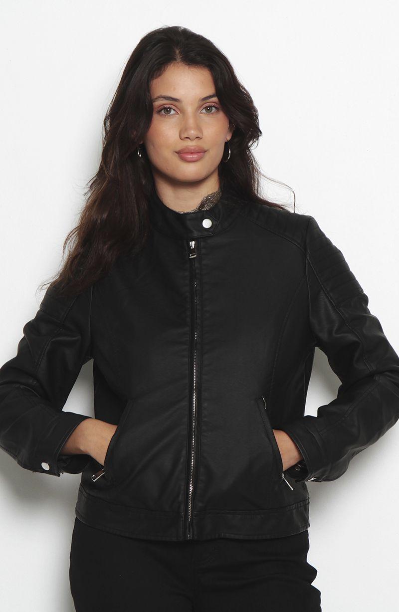 Chaqueta Manga Larga Cuero Ecologico Cuello Mao Y Cierres-2