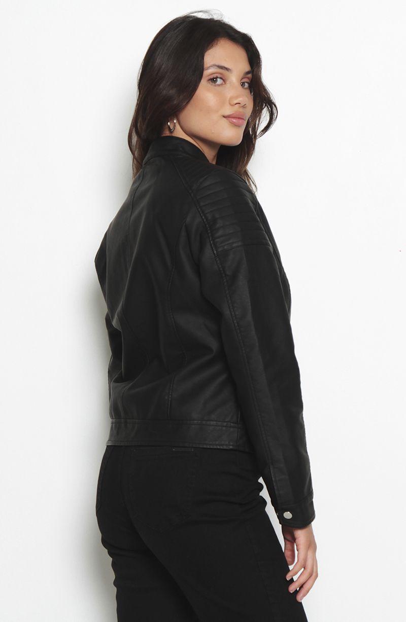 Chaqueta Manga Larga Cuero Ecologico Cuello Mao Y Cierres-4