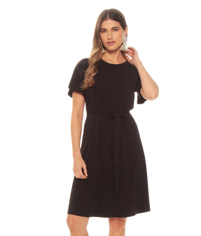 Vestido Manga Corta Con Lazo En Cintura Solido-0