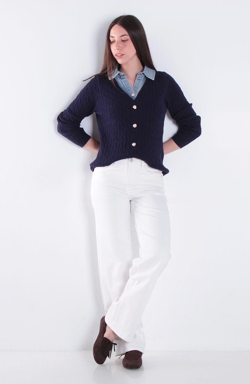 Chaleco Manga Larga Escote V Con Blusa Denim-2