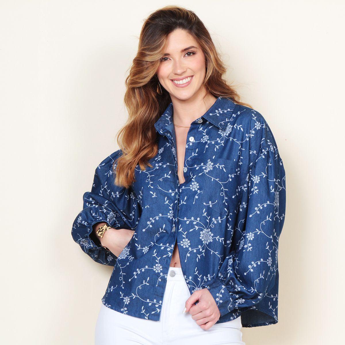 Blusa Manga Larga Denim Estampado Abotonada En Delantero-0