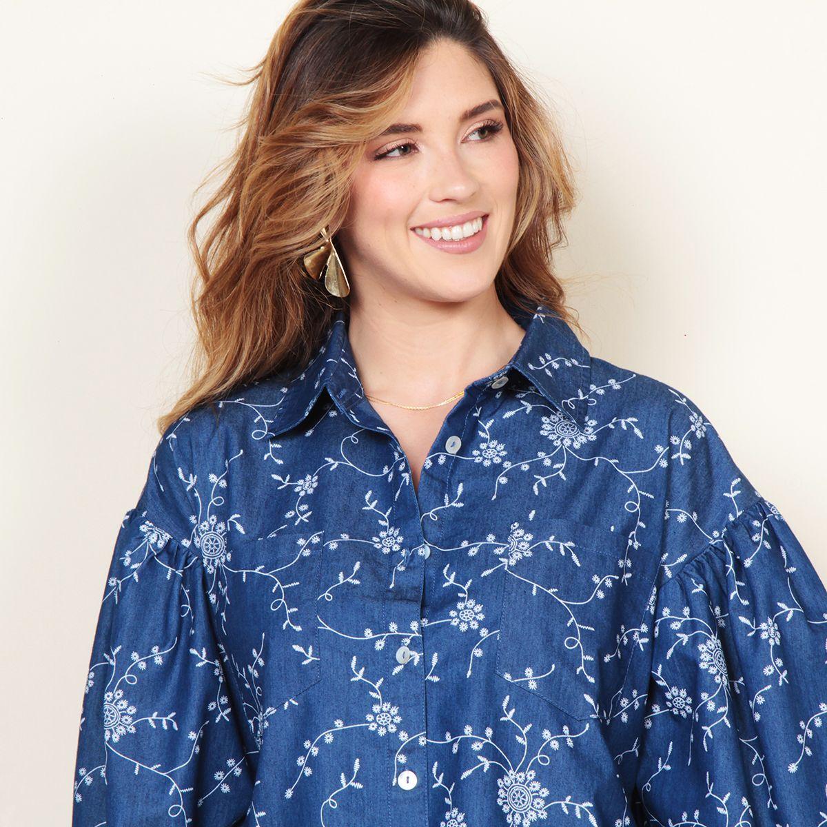Blusa Manga Larga Denim Estampado Abotonada En Delantero-1