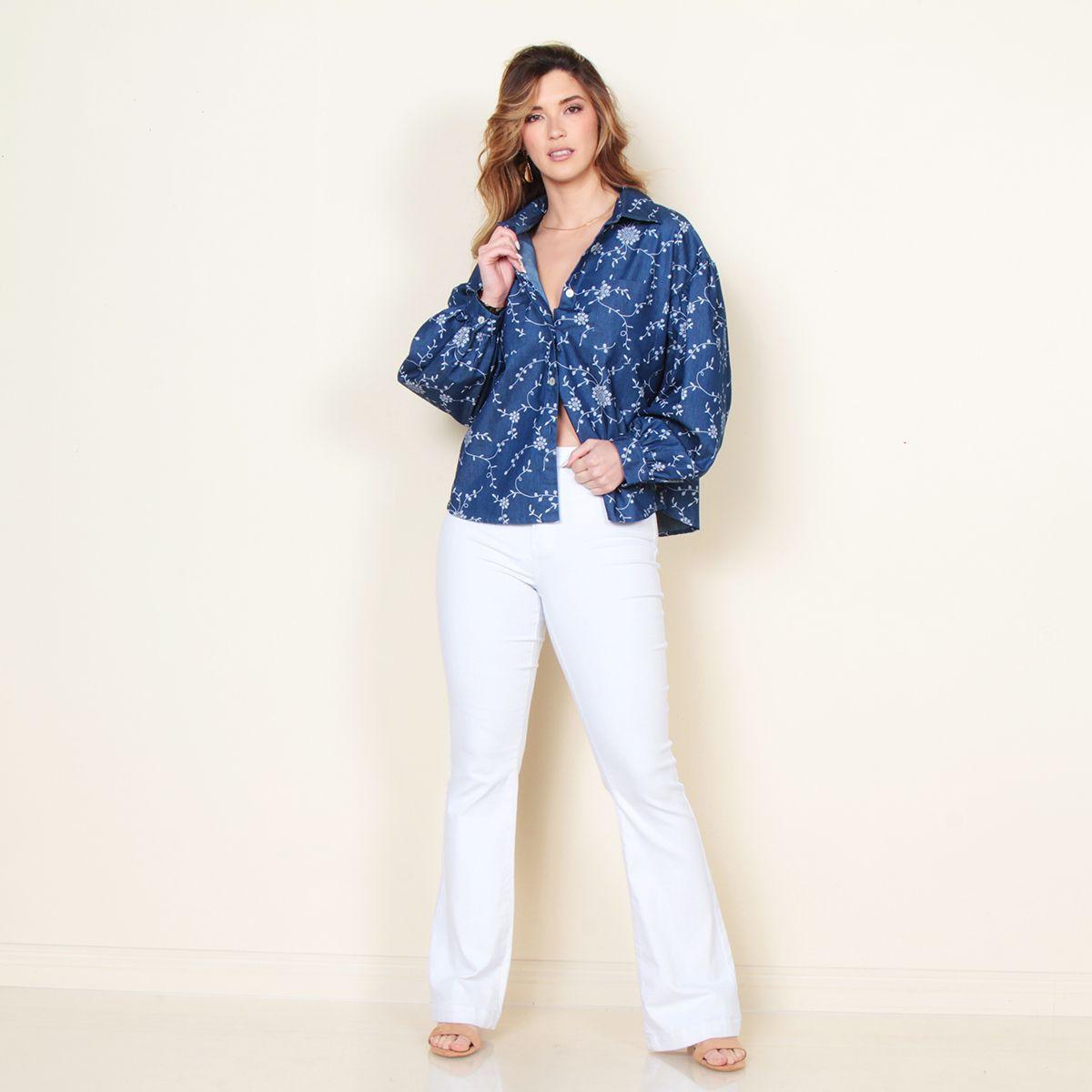 Blusa Manga Larga Denim Estampado Abotonada En Delantero-3